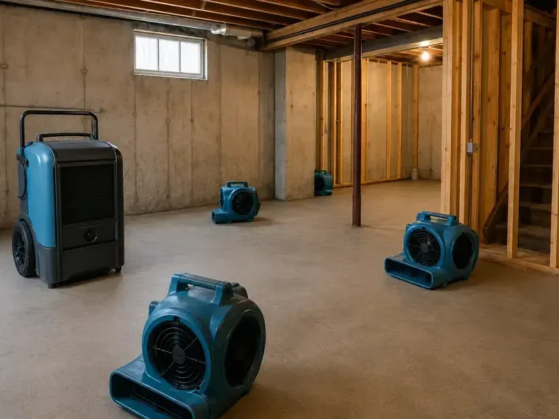 Drying equipment running in an unfinished lower level with bare concrete walls