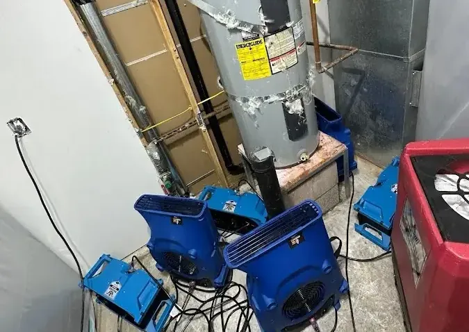 Air movers and a dehumidifier at work inside a water heater closet