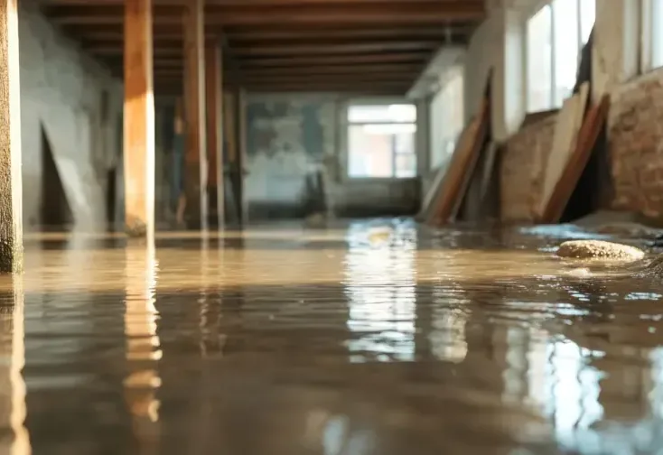Standing water spread across an older basement with brick walls and open joists