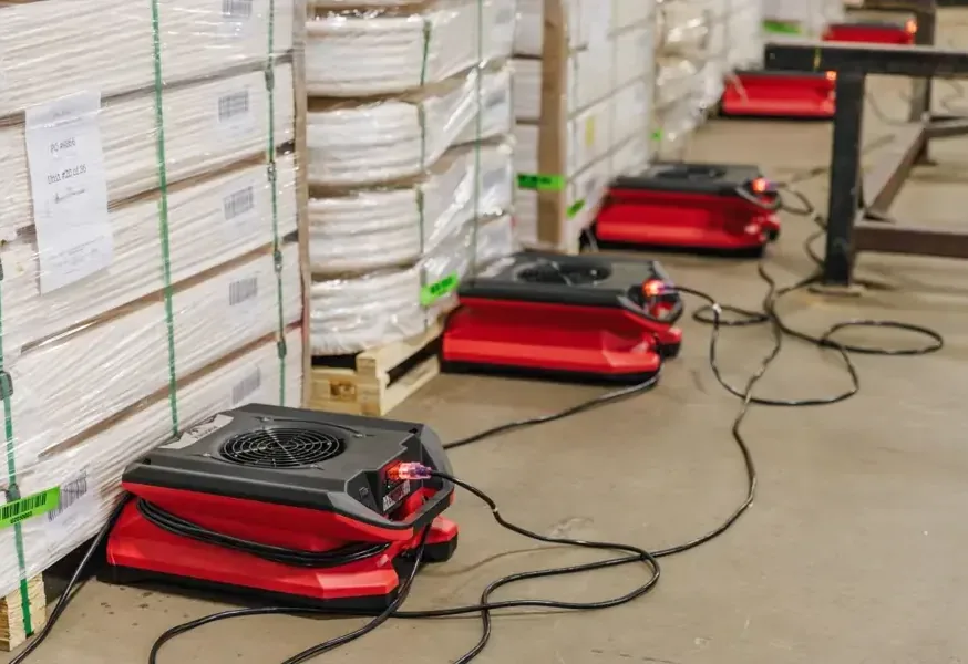 Air movers drying a warehouse floor between rows of pallets