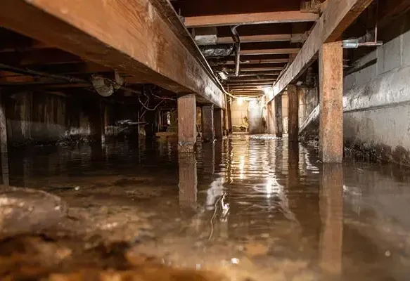 Water pooled beneath the floor joists in a flooded crawl space
