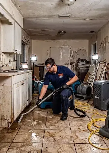 A technician running an extraction wand across a wet kitchen floor
