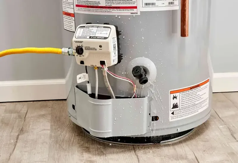 Water running from the base of a gas water heater across a laminate floor